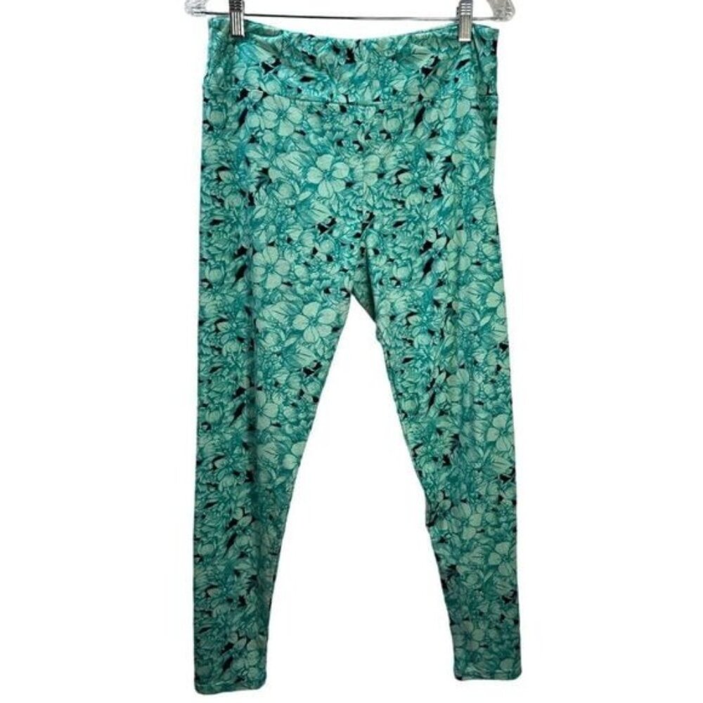 Lularoe Turquoise & Black‎ Floral Print Womens Leggings Size OS